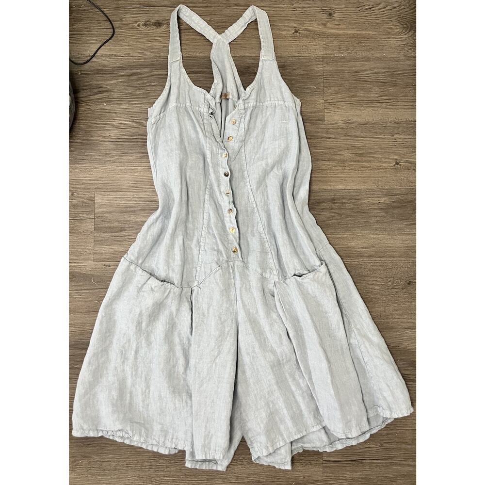 Misslino Romper 100% Linen Boho Lagenlook Relaxed Size M Muted Blue
